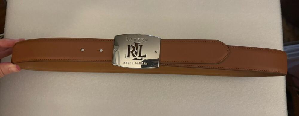 NEW Ralph Lauren Saddle Brown Leather Belt Silver Logo Buckle L